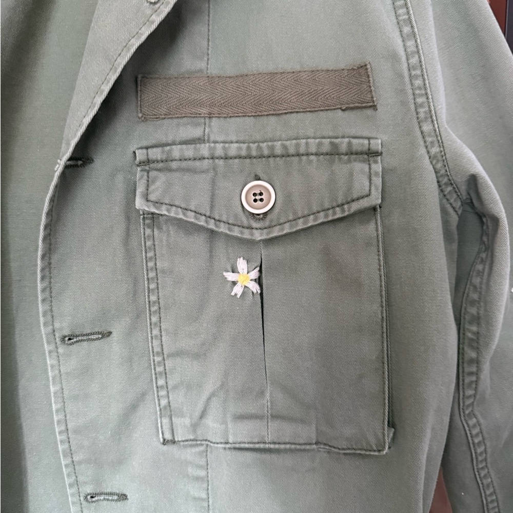 Embroidered Olive Green Utility Jacket with Flowers- Women - Picture 3 of 7